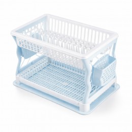 Сушилка для посуды Plast двухъярусная пластиковая с поддоном 43×29 см на 19 тарелок, Бело-голубой (DRK)