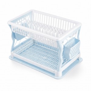 Сушарка для посуду Plast двоярусна пластикова з піддоном 43×29 см на 19 тарілок, Біло-блакитний (DRK)