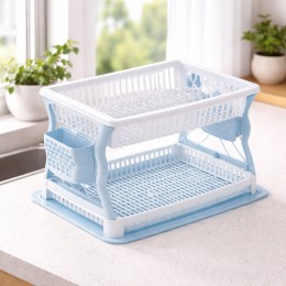 Сушилка для посуды Plast двухъярусная пластиковая с поддоном 43×29 см на 19 тарелок, Бело-голубой (DRK)