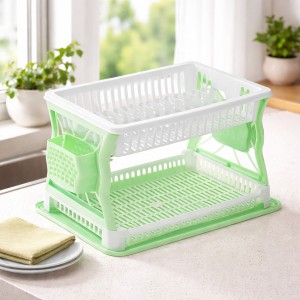 Сушарка для посуду Plast двоярусна пластикова з піддоном 43×29 см на 19 тарілок, Біло-салатовий (DRK)