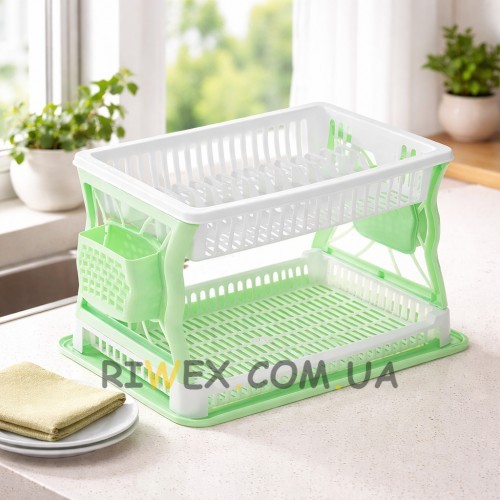 Сушарка для посуду Plast двоярусна пластикова з піддоном 43×29 см на 19 тарілок, Біло-салатовий (DRK)