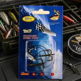 Поводок рыболовный Cortest 35 см 2 тройные крючки Size 2 Stainless Steel Wire 1x7, максимальная стойкость