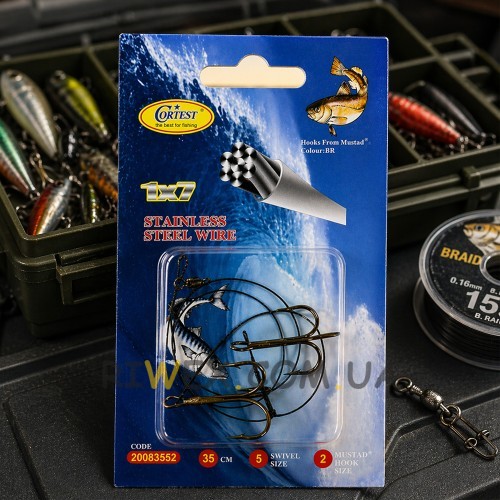 Повідець рибальський Cortest 35 см 2 потрійні гачки Size 2 Stainless Steel Wire 1x7, максимальна стійкість