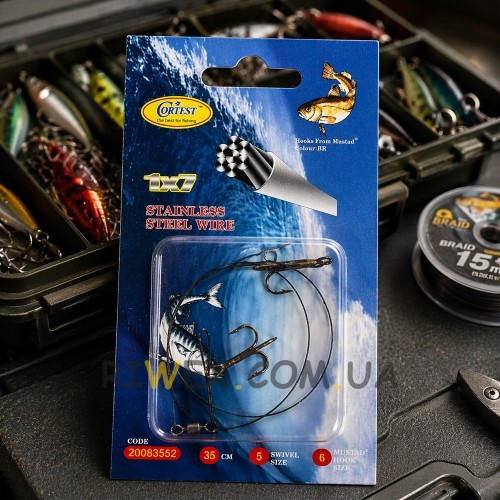 Повідець рибальський Cortest 35 см 2 потрійні гачки Size 6 Stainless Steel Wire 1x7, максимальна стійкість