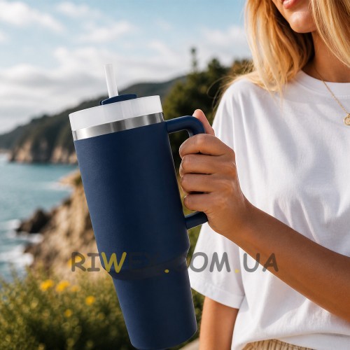 Великий термокухоль 1,2 л з трубочкою, нержавіюча сталь, герметична кришка, для подорожей, Темно-синій (X26)