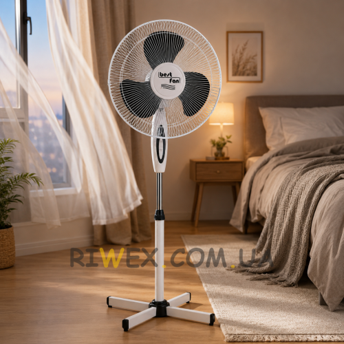 Вентилятор підлоговий 40 см, 3 швидкості, поворотний 90°, регулювання висоти, захисна решітка Bestfan BT-001 Білий (235)