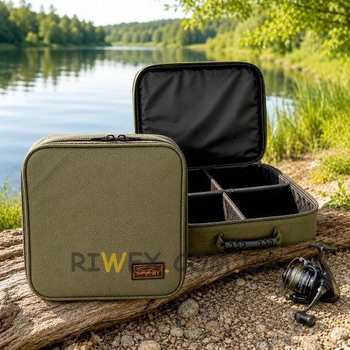 Велика сумка органайзер BoyaBY Reel Case для котушок і снастей 40×40×15 см 4 секції олива (988)