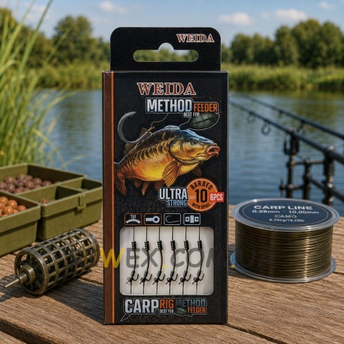 Готові поводки для коропової риболовлі комплект 6в1 Weida Method Feeder QZ-14, розмір 10 (5650)
