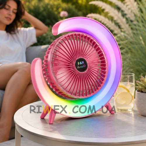 Вентилятор настільний акумуляторний A3 з RGB підсвічуванням, USB, поворотний 180 °, 3 режими роботи, Рожевий (AX)