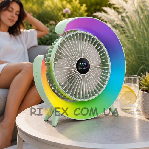 Вентилятор настільний акумуляторний A3 з RGB підсвічуванням, USB, поворотний 180 °, 3 режими роботи, Зелений (AX)