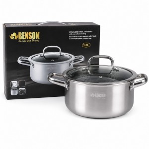 Каструля кухонна нержавіюча сталь скляна кришка антипригарне покриття Benson BN-437 4,7 л 24 см(2358)