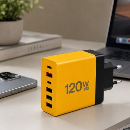Мережевий зарядний пристрій 26X188 120W на 6 USB-портів USB-C та USB-A для смартфонів і ноутбуків, Жовтий  (509/5081)