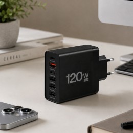 Мережевий зарядний пристрій 26X188 120W на 6 USB-портів USB-C та USB-A для смартфонів і ноутбуків, Чорний  (509/5082)