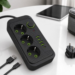 Сетевой удлинитель Power Socket F09U с USB Type-C, 3 розетки, 4 USB, кабель 2 м, 2500 Вт, черный (509/3065)