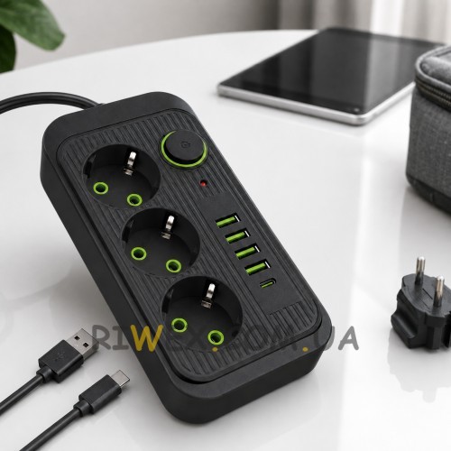 Сетевой удлинитель Power Socket F09U с USB Type-C, 3 розетки, 4 USB, кабель 2 м, 2500 Вт, черный (509/3065)