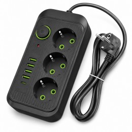 Сетевой удлинитель Power Socket F09U с USB Type-C, 3 розетки, 4 USB, кабель 2 м, 2500 Вт, черный (509/3065)