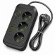 Сетевой удлинитель Power Socket F09U с USB Type-C, 3 розетки, 4 USB, кабель 2 м, 2500 Вт, черный (509/3065)