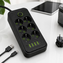 Сетевой удлинитель Power Socket F06U с USB Type-C, 6 розеток, 4 USB, кабель 2 м, 2500 Вт, черный (509/4705)
