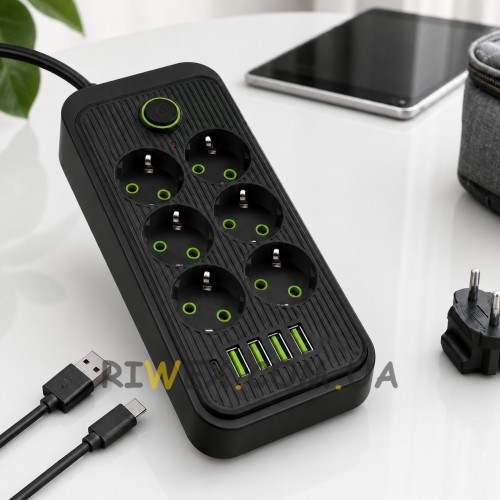 Сетевой удлинитель Power Socket F06U с USB Type-C, 6 розеток, 4 USB, кабель 2 м, 2500 Вт, черный (509/4705)