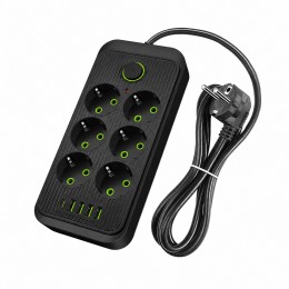 Сетевой удлинитель Power Socket F06U с USB Type-C, 6 розеток, 4 USB, кабель 2 м, 2500 Вт, черный (509/4705)