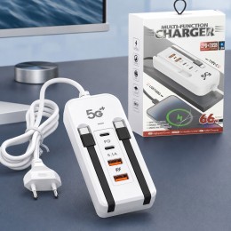 Зарядная станция 26X-200 66 Вт с 2 USB и 2 PD, встроенными кабелями Type-C и Lightning (509/5087)