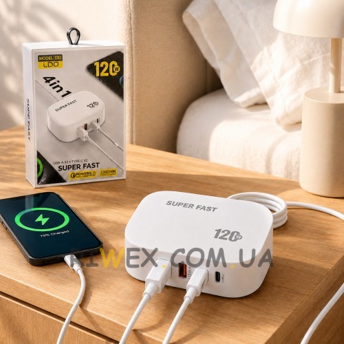 Універсальна мережева зарядка 120 W 26X-206, 4 порти USB-A та USB-C для смартфона і планшета (509/5093)
