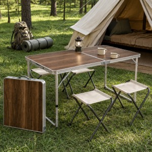 Туристичний стіл Folding Table з 4 стільцями 120×60 см алюмінієвий для пікніка кемпінгу та дачі, Темний Дуб