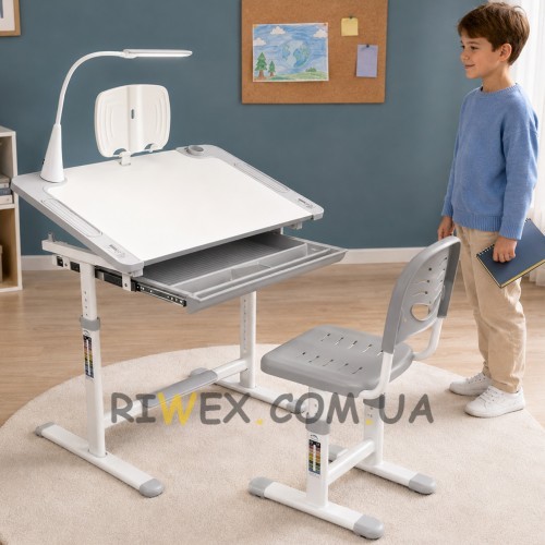 Регульована шкільна парта зі стільцем FunDesk Littonia Grey, LED-лампою і тримачем для книг 26X-150 для учнів (509/4625)