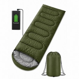 Теплый зимний спальник-одеяло 215×65 см с USB-подогревом до -30°C, с капюшоном для походов, Хаки (509/4595)