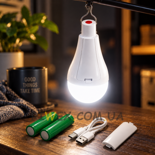 Акумуляторна USB LED лампочка E27 для дому при відключенні світла з гачком, 2 акумулятори 18650, 20 Вт 6500K — FAE-3920