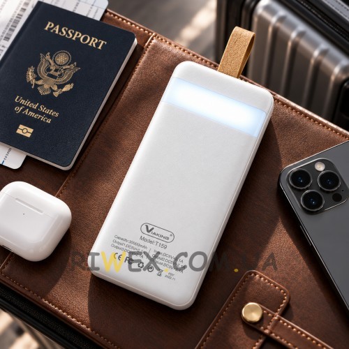 Зовнішній акумулятор Viaking T159 30000 mAh з 4 USB портами, LED підсвічуванням та Type-C, Білий (AMN)