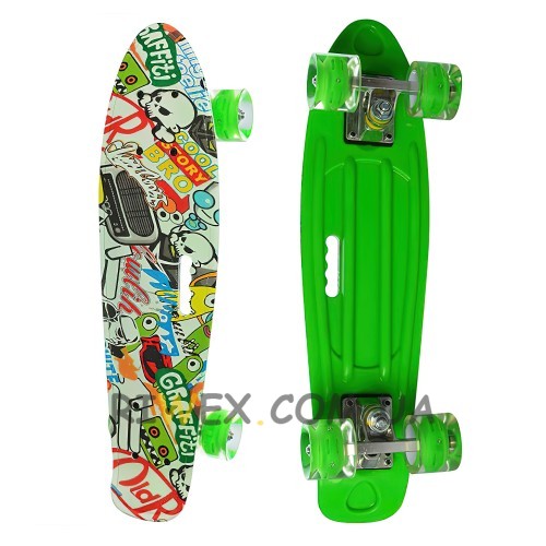 Пенні борд зелений "Графіти" скейт MS 0749-7-7  з колесами що світяться Penny Board до 70 кг (IGR24)