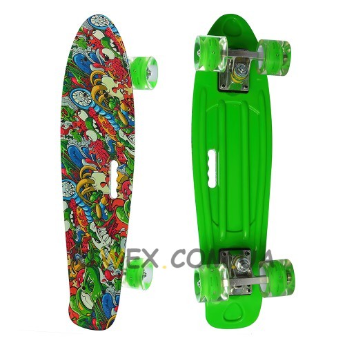 Пенни борд зелёный "Граффити" скейт MS 0749-7-6 со светящимися колесами Penny Board до 70 кг (IGR24)