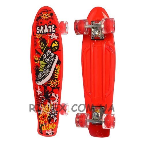 Пенни борд красный скейт 0749-5-6 со светящимися колесами Penny Board до 70 кг (IGR24)