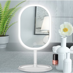 Настольное овальное зеркало для макияжа с LED подсветкой и подставкой для косметики белого цвета (259)
