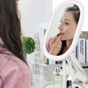 Настольное овальное зеркало для макияжа с LED подсветкой и подставкой для косметики белого цвета (259)