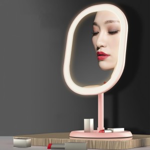 Настольное овальное зеркало для макияжа с LED подсветкой и подставкой для косметики розового цвета (259)