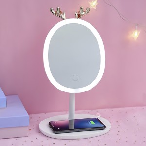Настольное зеркало для макияжа олень с LED подсветкой, подставка для бижутерии и косметики, беспроводная зарядка для телефона белого цвета (259)