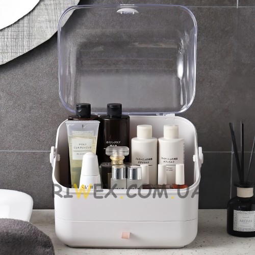 Органайзер для косметики на 2 секции W-10 настольный белый кейс с ручкой и прозрачной крышкой Ld -388