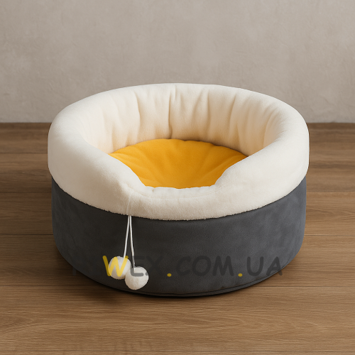 М'яка лежанка будиночок з іграшкою для кішок і собак 40 х 26 см кругла ліжечко для тварин Сірий (626)