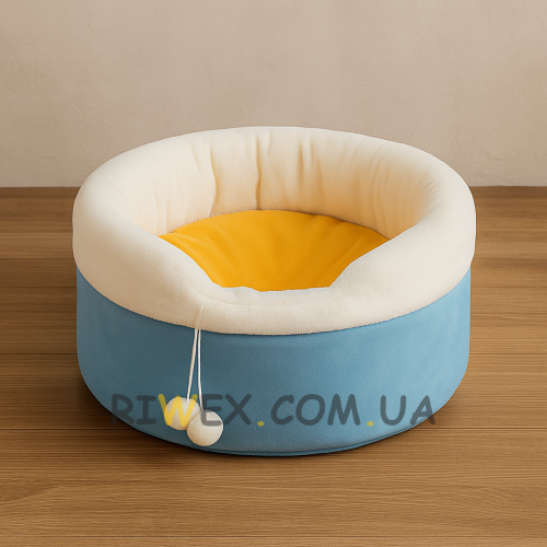 Мягкая лежанка домик с игрушкой для кошек и собак 40 х 26 см круглая кроватка для животных Блакитний (626)