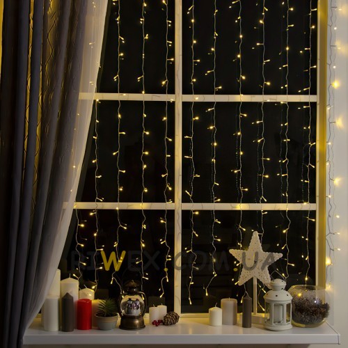 Декоративна новорічна гірлянда штора, водоспад 240 LED (на коробці 400) 2,5 х 1,5 метра прозорий провід теплий білий колір