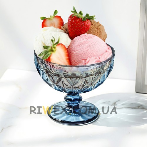 Стеклянная креманка для десертов, желе и мороженого BJL-2 размер чаши 13х8х6.5 см синего цвета (30/1)